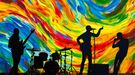 Vibrant silhouette of band performance against abstract colorful background. concept of musical art, dynamic entertainment, creative expression, copy space.の写真素材