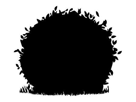 Black silhouette of bush with grass isolated on white background, graphic illustration. concept of nature, shrubbery, garden plant, outdoor greenery, design element.のイラスト素材