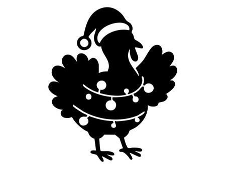 Black silhouette of festive turkey in christmas hat with string lights isolated on white background, graphic illustration. concept of holiday, animal, poultry, celebration, decor.のイラスト素材