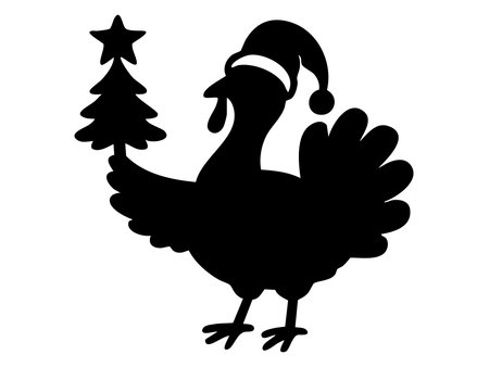 Black silhouette of turkey with santa hat holding christmas tree, isolated on white background, graphic illustration. concept of festive decor, holiday, christmas symbol.のイラスト素材