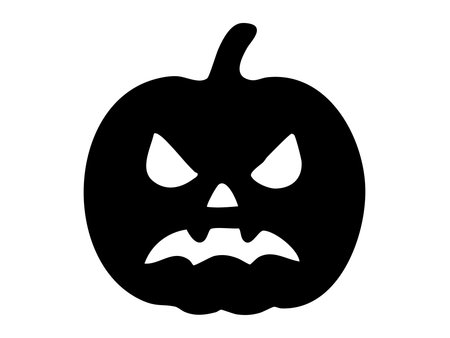 Black silhouette of halloween jack-o-lantern face isolated on white background, spooky graphic illustration. concept of pumpkin carving, holiday decor, scary icon, festive design.のイラスト素材