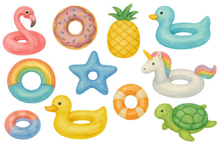 Png watercolor set of inflatable toy animals and floats isolated on transparent background. concept of summer fun, pool party decor, and playful swimming accessories.の写真素材