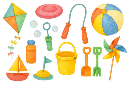 Png set of colorful summer toys including kite, frisbee, and beach ball isolated on transparent background. concept of outdoor games, fun activities, children's play set.の写真素材
