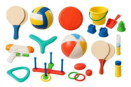 Png set of colorful beach toys and games isolated on transparent background. concept of summer activities, playful outdoor fun, children beach essentials, vibrant holiday playthings.の写真素材
