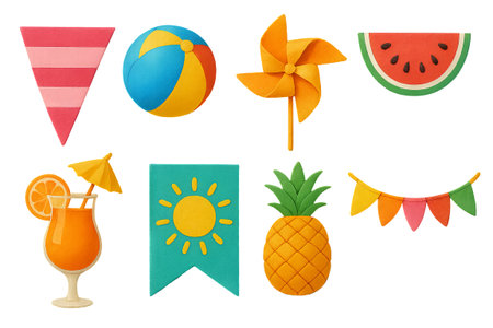Png set of summer flags and decor including beach ball, pinwheel, watermelon, pineapple on transparent background. concept of seasonal party, festive decorations, tropical elements.の写真素材