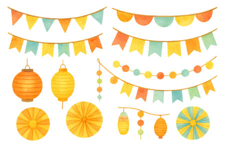 Png festive watercolor summer decorations set with colorful lanterns and banners isolated on transparent background. concept of celebration decor, party accessories, joyful design elements.の写真素材