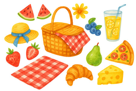 Png set of summer picnic watercolor elements with basket, fruits, and snacks isolated on transparent background. concept of outdoor gathering, picnic essentials, summer decor.の写真素材