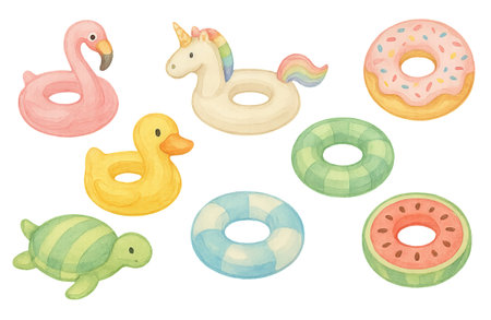 Png set of pastel inflatable pool toys including flamingo, unicorn, donut and more isolated on transparent background. concept of summer fun, water play, kids pool accessories.の写真素材