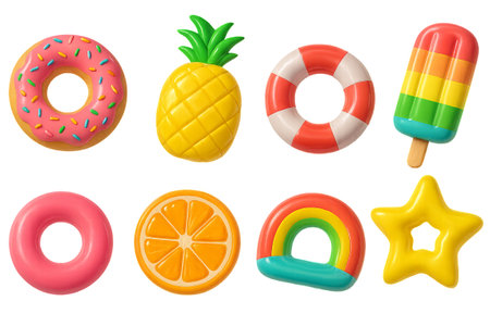 Png set of colorful inflatable toys including donut, pineapple, lifebuoy, popsicle, and star isolated on transparent background. concept of summer fun, pool elements, playful design.の写真素材