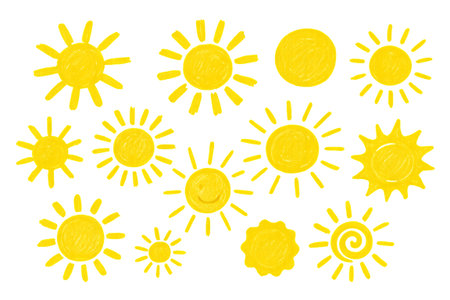 Png set of cheerful sun sketches in simple design isolated on transparent background. concept of sunny icon, playful decor, weather illustration, summer theme elements.の写真素材