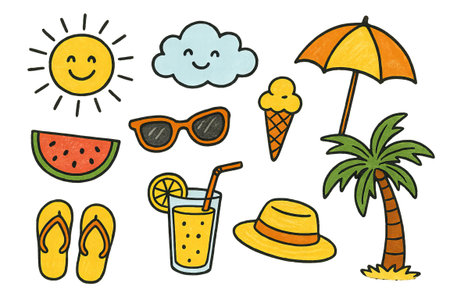 Png set of summer doodles with sun, cloud, ice cream, and tropical elements isolated on transparent background. concept of sunny vacation, holiday symbols, cheerful designs.の写真素材