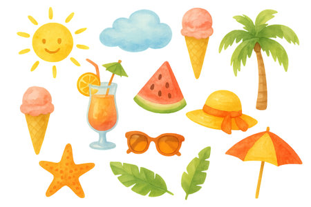 Png set of playful summer icons with sun, clouds, ice cream, watermelon, palm tree, sunglasses, and beach umbrella isolated on transparent background. concept of vacation, fun, leisure design.の写真素材