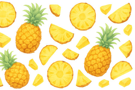 Png set of pineapples and slices isolated on transparent background. concept of tropical fruits, summer design elements, exotic food illustration, fresh pineapple cut out.の写真素材