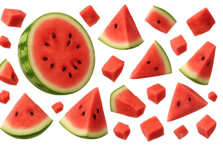 Png set of floating watermelon slices and cubes isolated on transparent background. concept of fresh fruit design, summer food art, healthy snack elements, creative layout asset.の写真素材