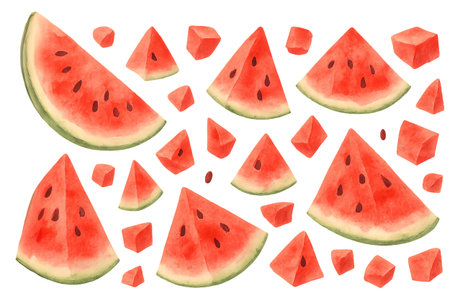 Png set of juicy watermelon slices and cubes isolated on transparent background. concept of fresh summer fruit, healthy snack, refreshing dessert idea, vibrant food art.の写真素材