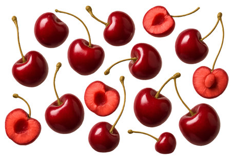 Png set of floating cherries with stems and cut sections isolated on transparent background. concept of fruit decoration, fresh produce, cherry design element, food.の写真素材