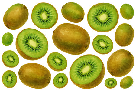 Png watercolor set of kiwis with whole and sliced fruit isolated on transparent background. concept of tropical illustration, exotic fruit design, botanical clip art for decor.の写真素材