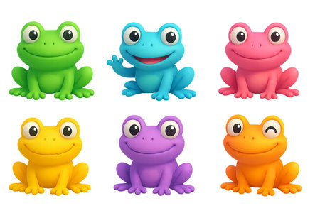 Png set of colorful cartoon frogs with expressive faces isolated on transparent background. concept of playful animal characters, fun decor elements, children's illustration.の写真素材