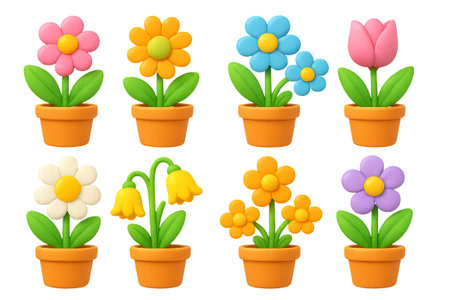 Png cartoon flowering plants in pots isolated on transparent background. concept of cute garden decor, playful floral design, spring decoration, colorful potted plants.の写真素材
