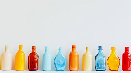 Colorful Assorted Blank Beauty Product Bottles on a Minimalist Background Illustrating Cosmetics Variety and Branding Concepts. Mockup. Beauty product presentation. Copy space.の写真素材