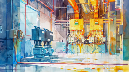 Watercolor Illustration of a High Voltage Electrical Room Interior with Control Panels and Machinery for Energy and Power Concepts. Electrical Power Station.の写真素材