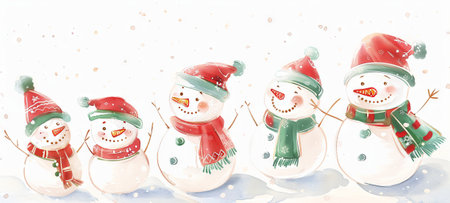 Watercolor Illustration of Snowmen with Joyful Expressions in Festive Hats and Scarves - Concept of Christmas, Winter Cheer, Holiday Joy, and Seasonal Festivities. Banner.の写真素材