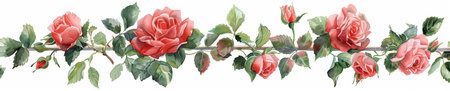Watercolor of Horizontal Garland with Vibrant Red Roses and Green Leaves in Bloom on white background. Concept of Floral Beauty, Botanical Elegance, romantic decor, floral border design. Banner.の写真素材