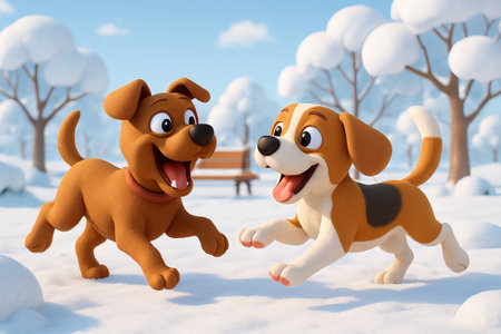 Playful dogs enjoying a winter wonderland in a snow-covered park. concept of joyful pet play, winter fun, canine companionship.の写真素材