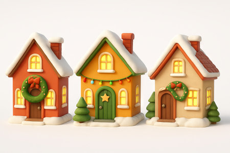 Charming festive christmas houses with snow and decorated wreaths for a cozy holiday season. concept of christmas decoration, winter celebration, festive cheer.の写真素材