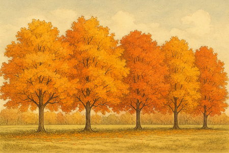 Autumn trees in a row displaying vibrant fall colors in a serene natural setting. concept of seasonal change, nature's beauty, calm landscape.の写真素材