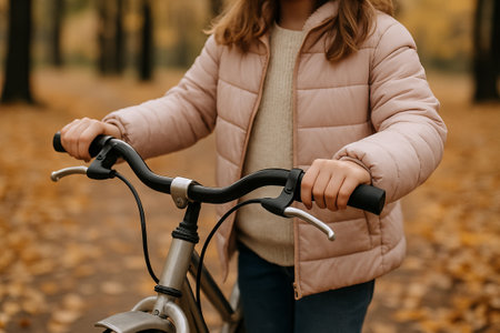 Young girl riding a bicycle through an autumn park with fallen leaves on a cool day. concept of outdoor activity, autumn foliage, enjoying nature.の写真素材