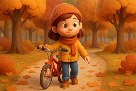 Young girl walking with a bicycle during an autumn stroll through a colorful forest path. concept of childhood adventure, nature exploration, fall season.の写真素材