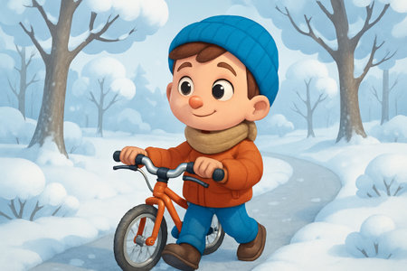 Young boy riding a bicycle on a snowy path in winter forest illustration. concept of outdoor adventure, children's fun, winter activity.の写真素材