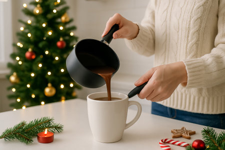Hot chocolate pouring by woman into mug on christmas with cozy candlelit ambiance and festive decor. concept of warm holiday beverage, seasonal celebration, christmas spirit.の写真素材