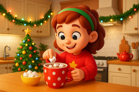 Child enjoying christmas cocoa in festive kitchen with holiday decor and decorated christmas tree. concept of joyful winter, festive season, family celebration.の写真素材