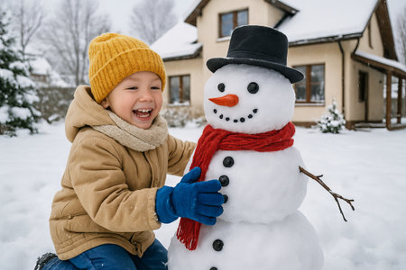 Joyful child in winter clothing building snowman with carrot nose and black hat in snowy backyard. concept of winter fun, snow play, childhood joy.の写真素材