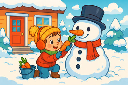 Young boy building a snowman with carrot nose in winter wonderland. concept of children's winter fun, outdoor activity, snow play.の写真素材