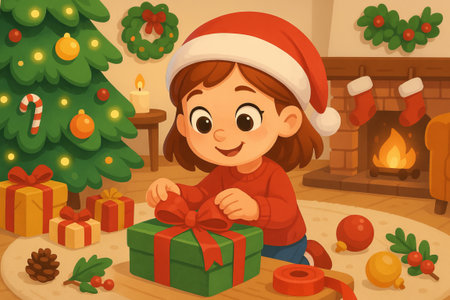 Little girl with christmas present by fireplace with tree and decorations. concept of holiday magic, gift giving, festive celebration.の写真素材
