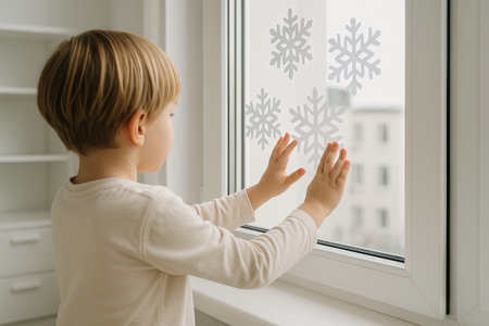 Child decorating window with christmas snowflake stickers at home in winter. concept of holiday decor, creative activity, seasonal fun.の写真素材
