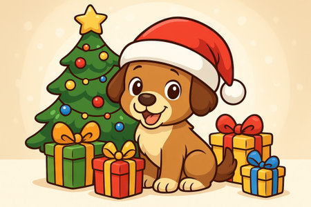 Cute puppy in santa hat with christmas tree and gifts illustration. concept of holiday celebration, festive cheer, adorable pet.の写真素材