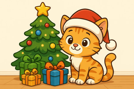 Cute kitten in santa hat sitting by christmas tree with colorful presents. concept of festive holiday season, christmas celebration, adorable pet, winter cheer.の写真素材