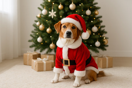 Cute dog in santa costume sitting by christmas tree with gift boxes. concept of festive holiday spirit, adorable pet, christmas celebration.の写真素材