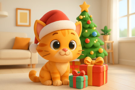 Cute kitten in santa hat sitting near christmas gifts and decorated tree in cozy living room. concept of festive holiday celebration, adorable pet, seasonal decoration.の写真素材