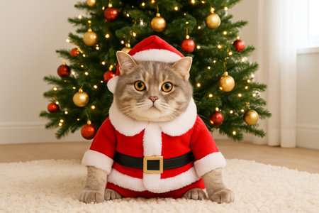 Cute cat dressed as santa claus sitting in front of christmas tree decorated with gold and red ornaments. concept of festive holiday spirit, adorable pet, christmas celebration.の写真素材
