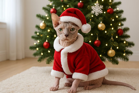 Sphynx cat dressed as santa claus sitting by christmas tree with ornaments. concept of festive pet portrait, holiday celebration, christmas spirit.の写真素材