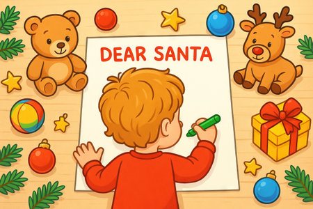 Child writing letter to santa with toys and christmas decor illustration. concept of holiday tradition, festive joy, christmas wish.の写真素材