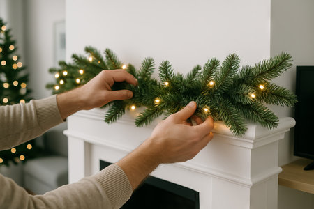 Man Decorating fireplace with a christmas garland of twinkling lights for a cozy home ambiance in winter. concept of festive home decor, winter warmth, holiday decoration.の写真素材