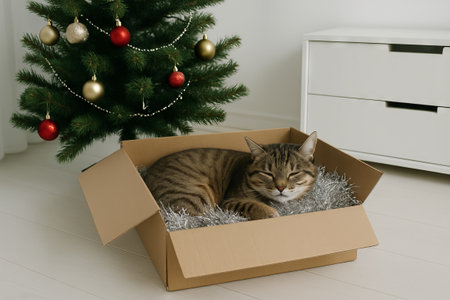 Cat sleeping comfortably in a cardboard box near a decorated christmas tree indoors. concept of cozy home setting, festive holiday decor, relaxation at home.の写真素材