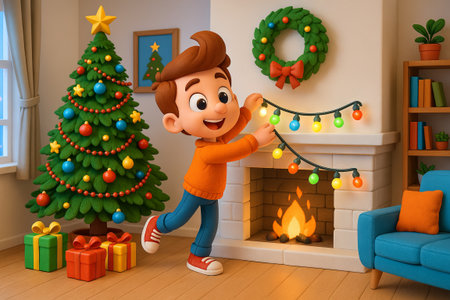 Young boy hanging christmas lights on fireplace garland in cozy living room. concept of decorative holiday scene, child's joyful festive activity, indoor winter celebration.の写真素材