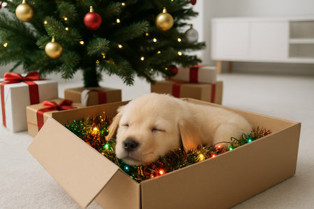 Sleeping puppy under christmas tree in gift box with ornaments and wrapped presents. concept of cozy holiday atmosphere, cute pet, christmas celebration.の写真素材